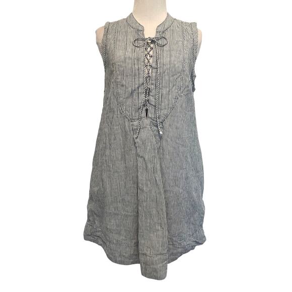 Free People Poppin Off Lace-Up Mini Dress Womens Small Chambray Striped Linen - Picture 2 of 10